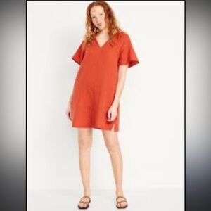 EUC Size Large Rust/Orange Crinkle Gauze Mini Swing Dress